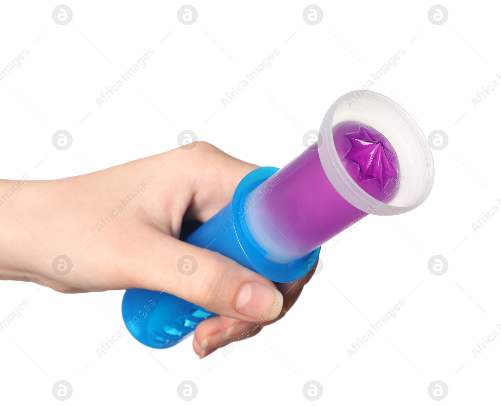 Photo of Woman holding toilet bowl cleaning gel on white background, closeup
