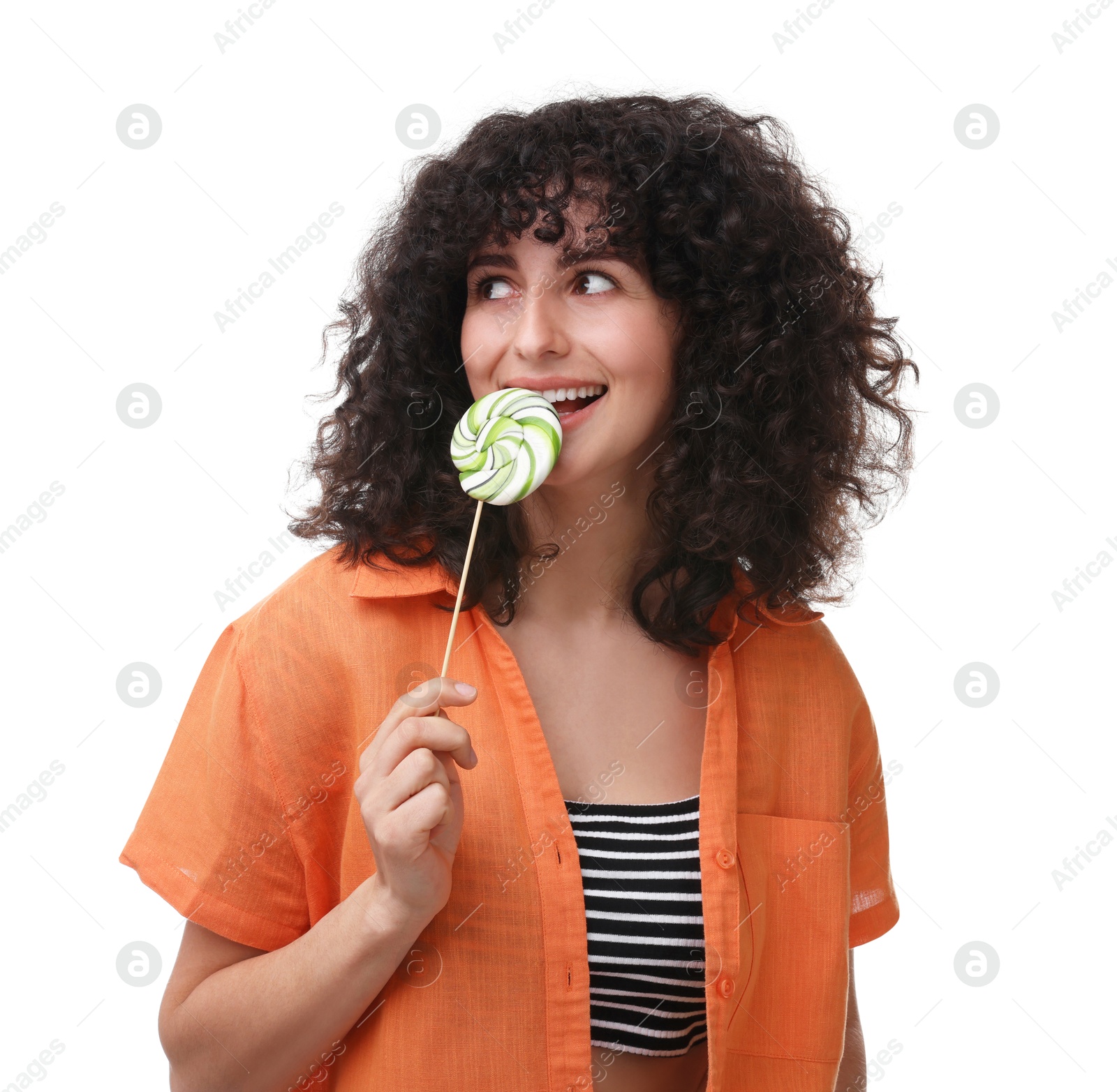 Photo of Beautiful woman with lollipop on white background