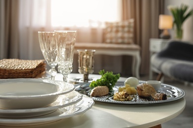 Table served for Passover (Pesach) Seder indoors