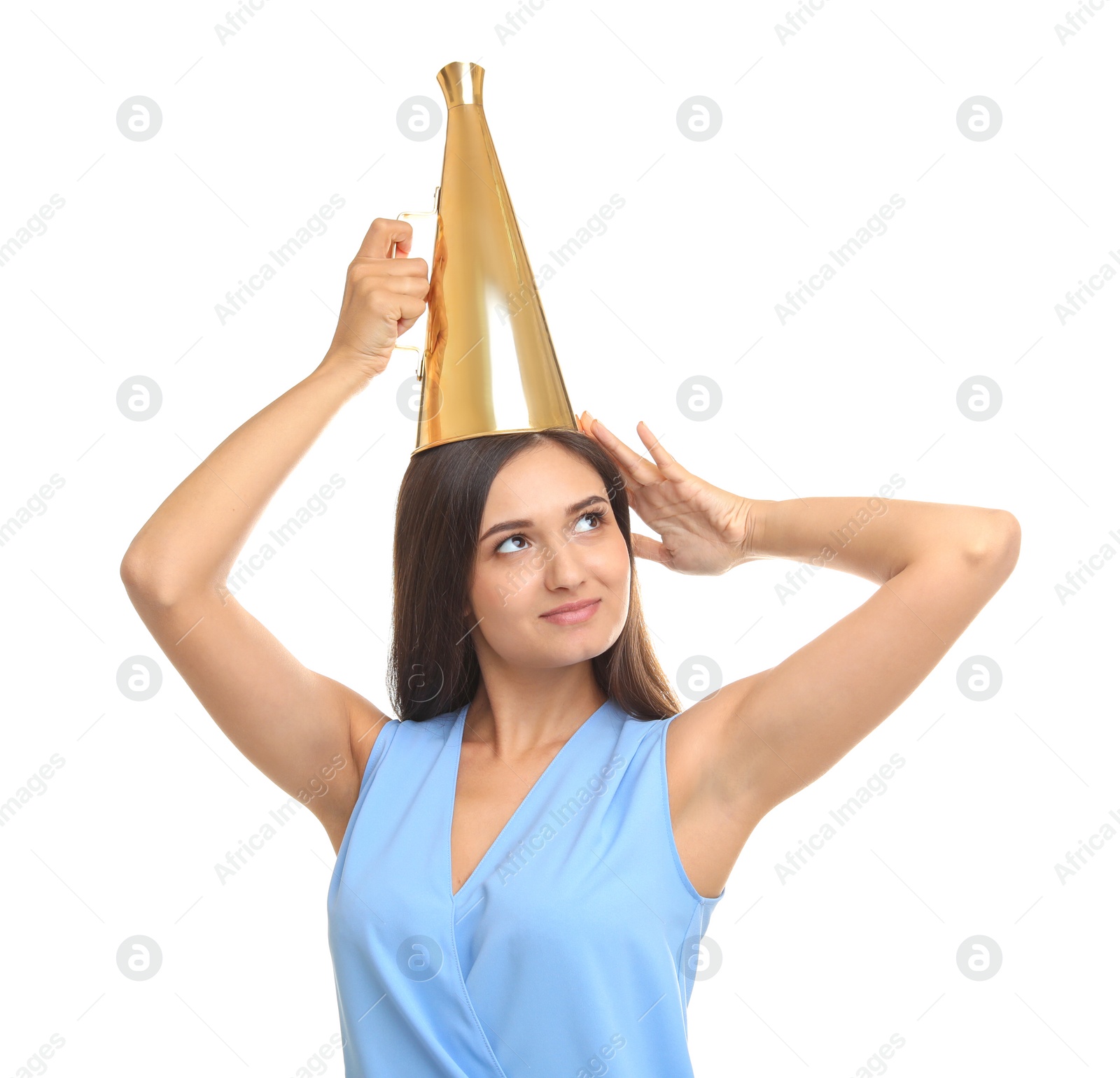 Photo of Young woman with megaphone on white background