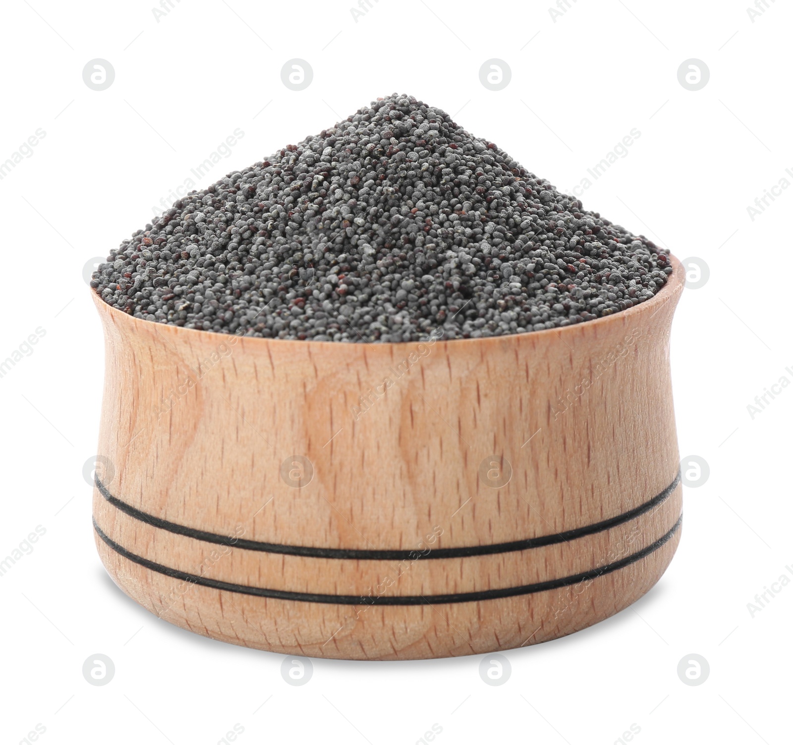 Photo of Poppy seeds in wooden bowl isolated on white