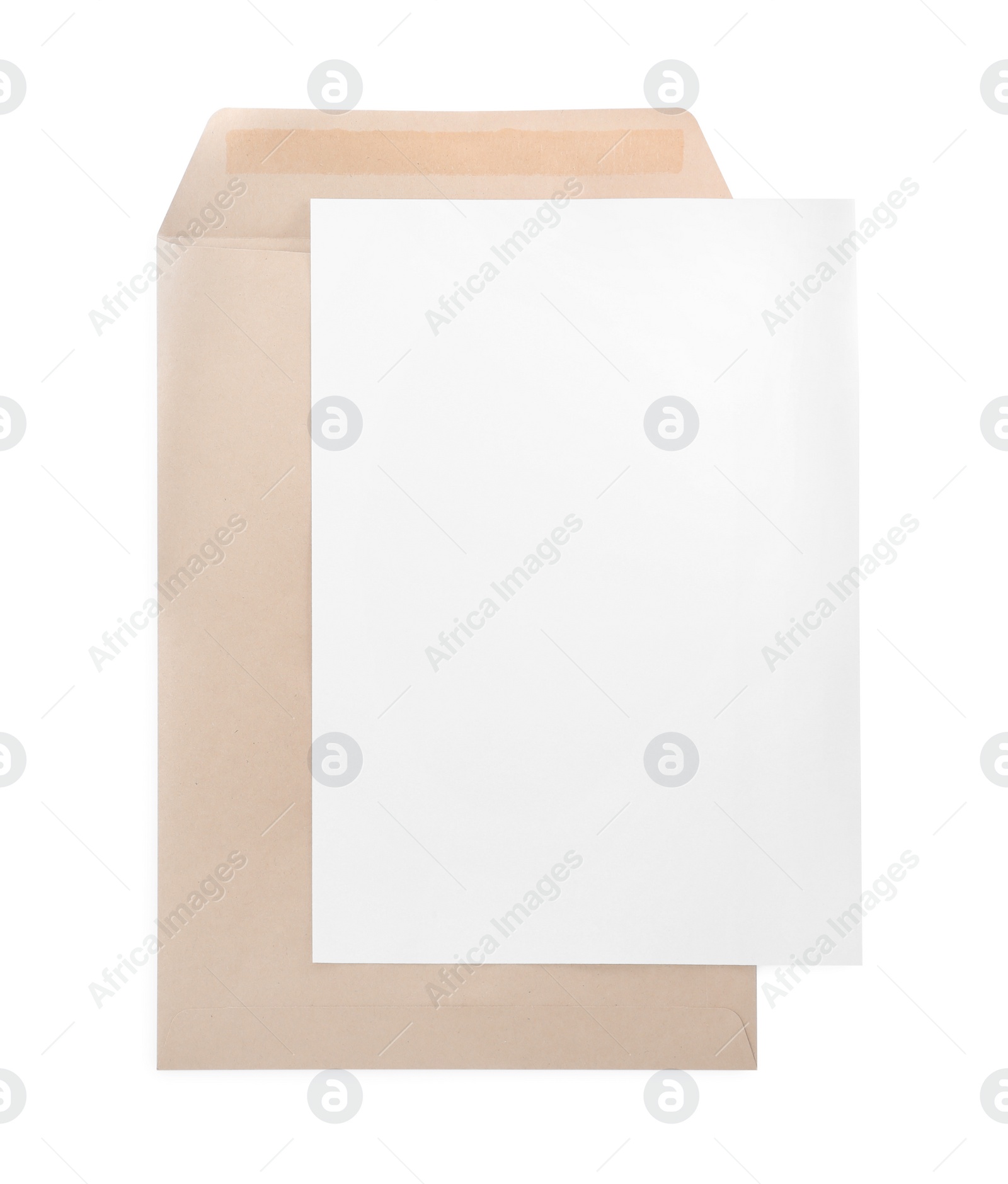 Photo of Kraft envelope with blank sheet of paper on white background, top view
