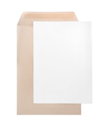 Kraft envelope with blank sheet of paper on white background, top view