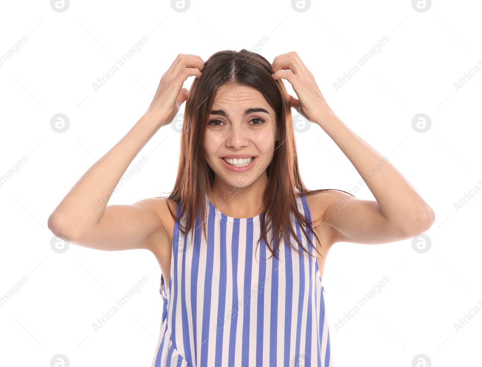 Photo of Young woman scratching head on white background. Annoying itch