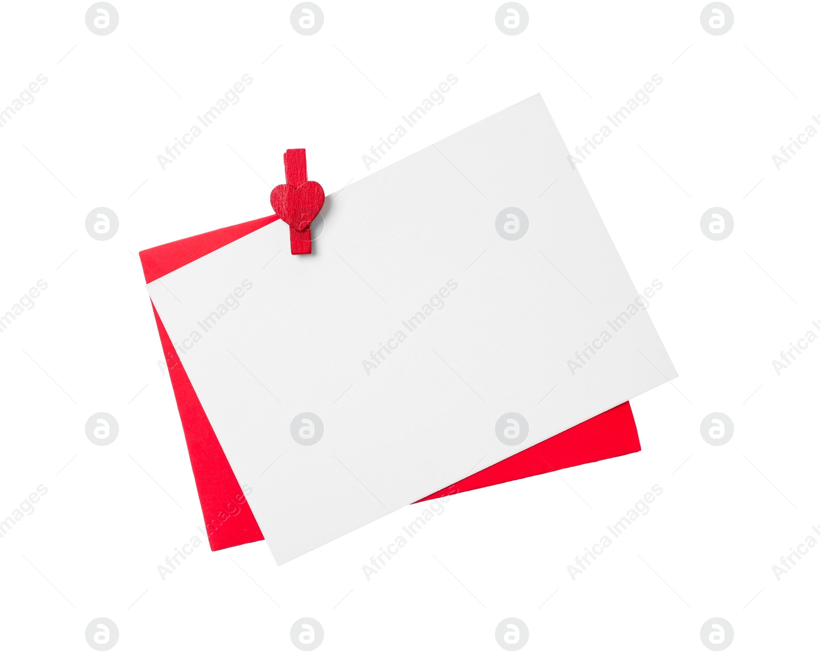 Photo of Blank card, envelope and red decorative clothespin on white background, top view. Valentine's Day concept