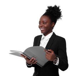 Photo of Portrait of happy woman with folders on white background. Lawyer, businesswoman, accountant or manager