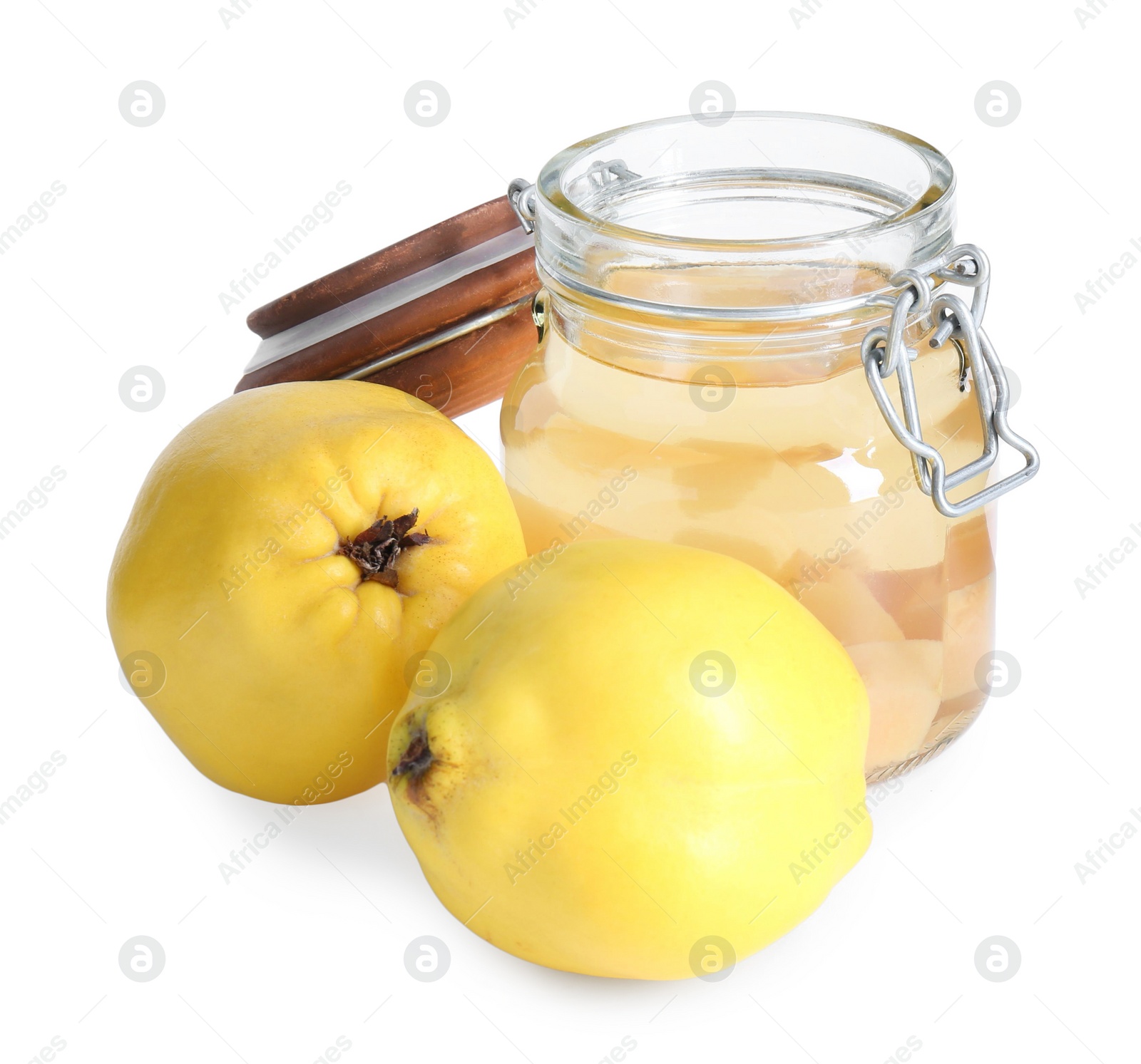 Photo of Delicious quince drink in glass jar and fresh fruits isolated on white