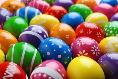 Many decorated Easter eggs as background. Festive tradition