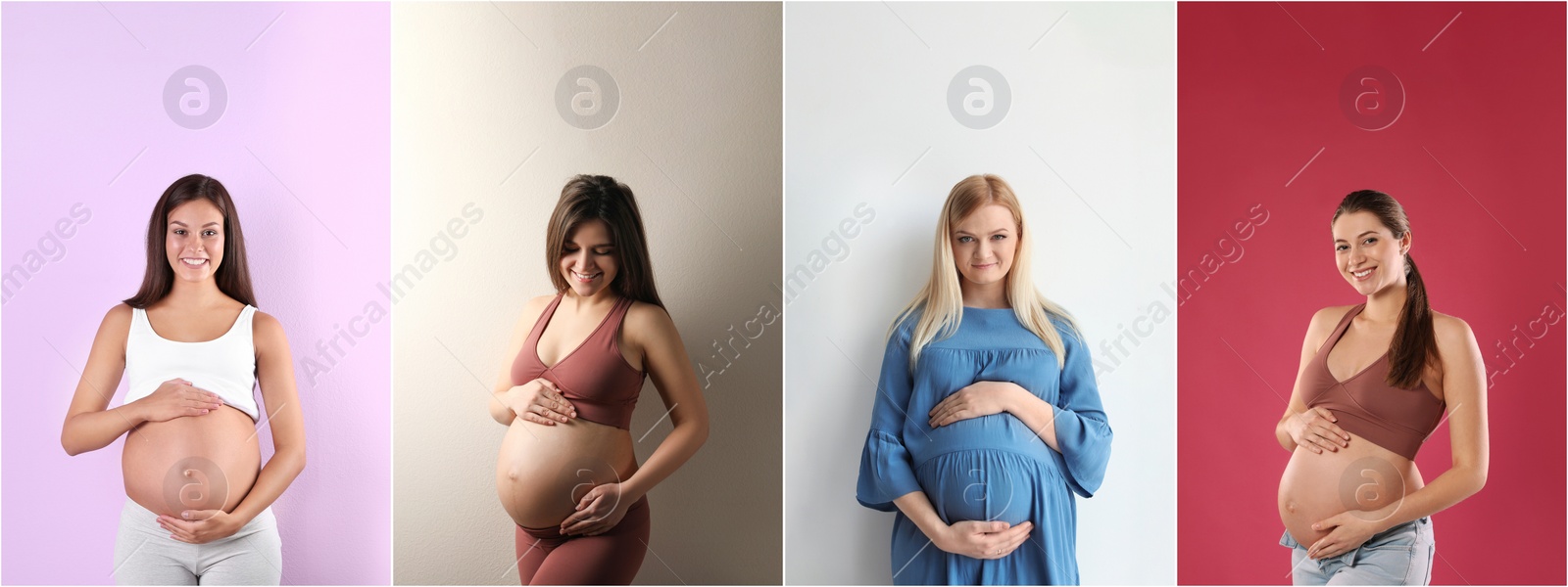 Image of Collage with photos of beautiful pregnant women on different color backgrounds. Banner design