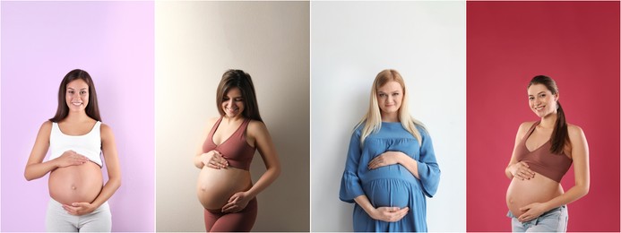 Image of Collage with photos of beautiful pregnant women on different color backgrounds. Banner design