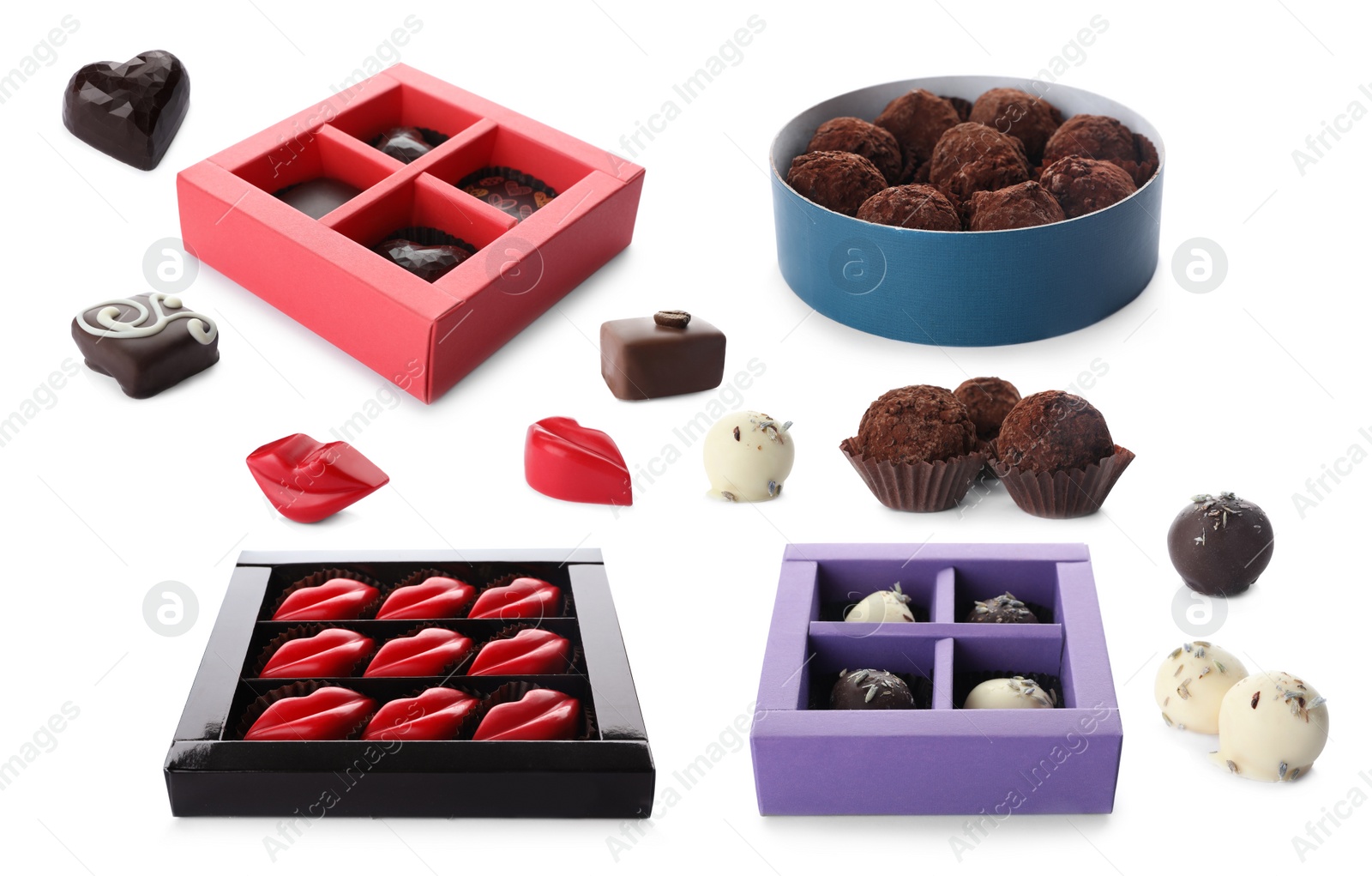 Image of Set with different chocolate candies on white background