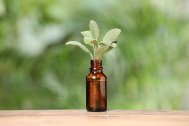 Bottle with essential oil and sage on wooden table against blurred green background