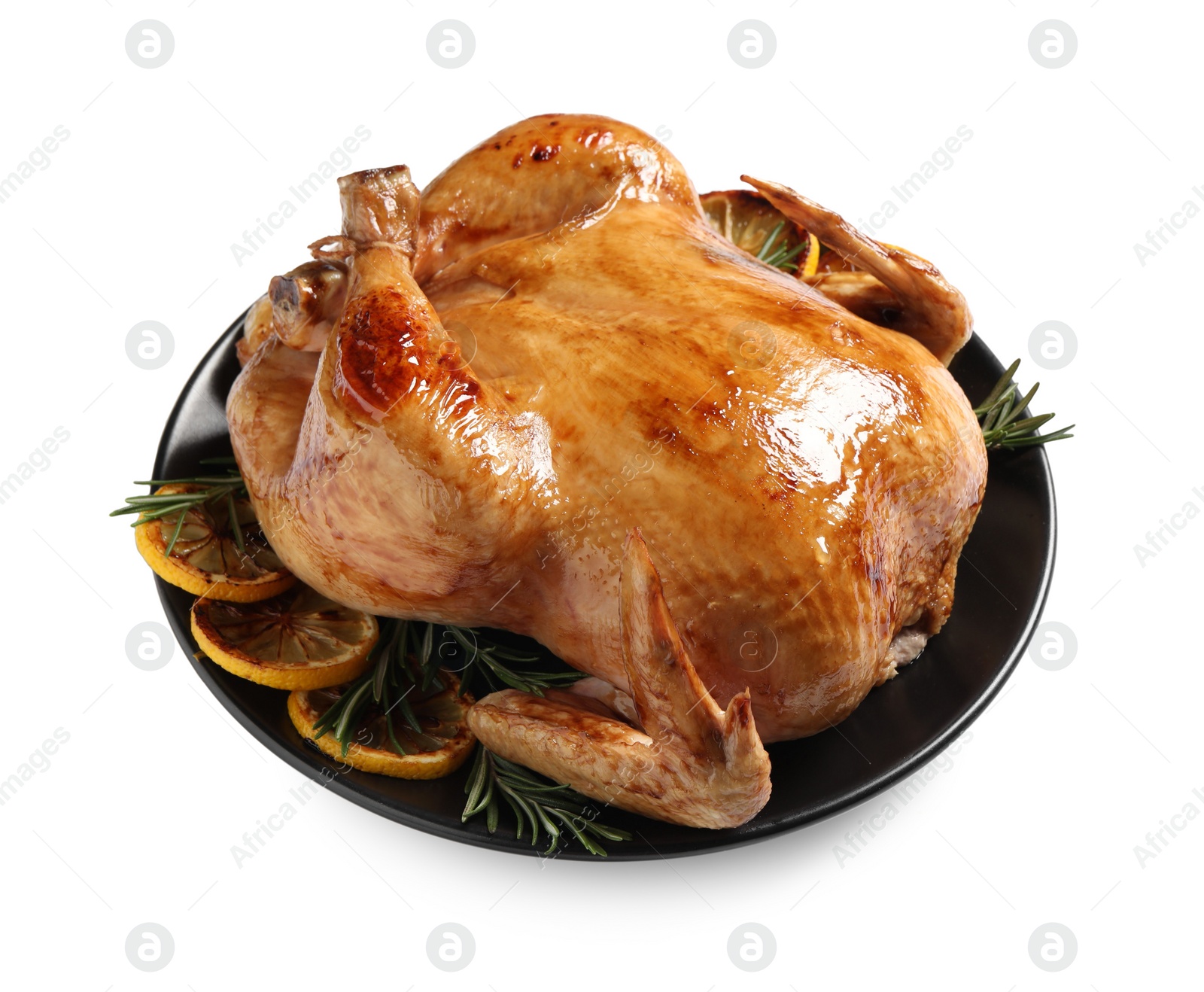 Photo of Tasty roasted chicken with lemon and rosemary isolated on white