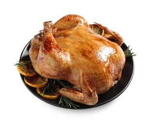 Tasty roasted chicken with lemon and rosemary isolated on white