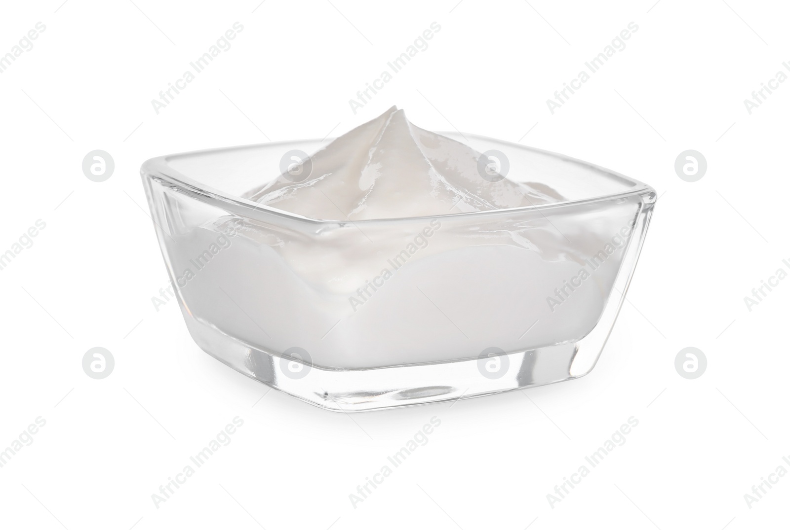 Photo of Glass bowl with sour cream isolated on white