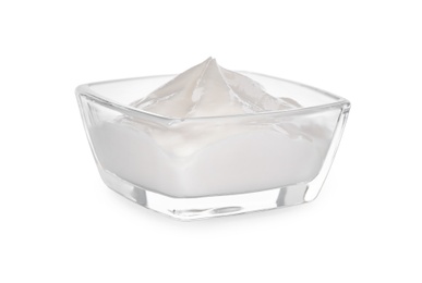 Glass bowl with sour cream isolated on white