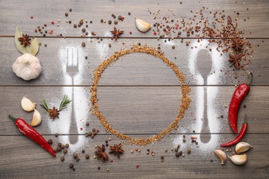 Photo of Beautiful flat lay composition with different spices, silhouettes of cutlery and plate on wooden background. Space for text