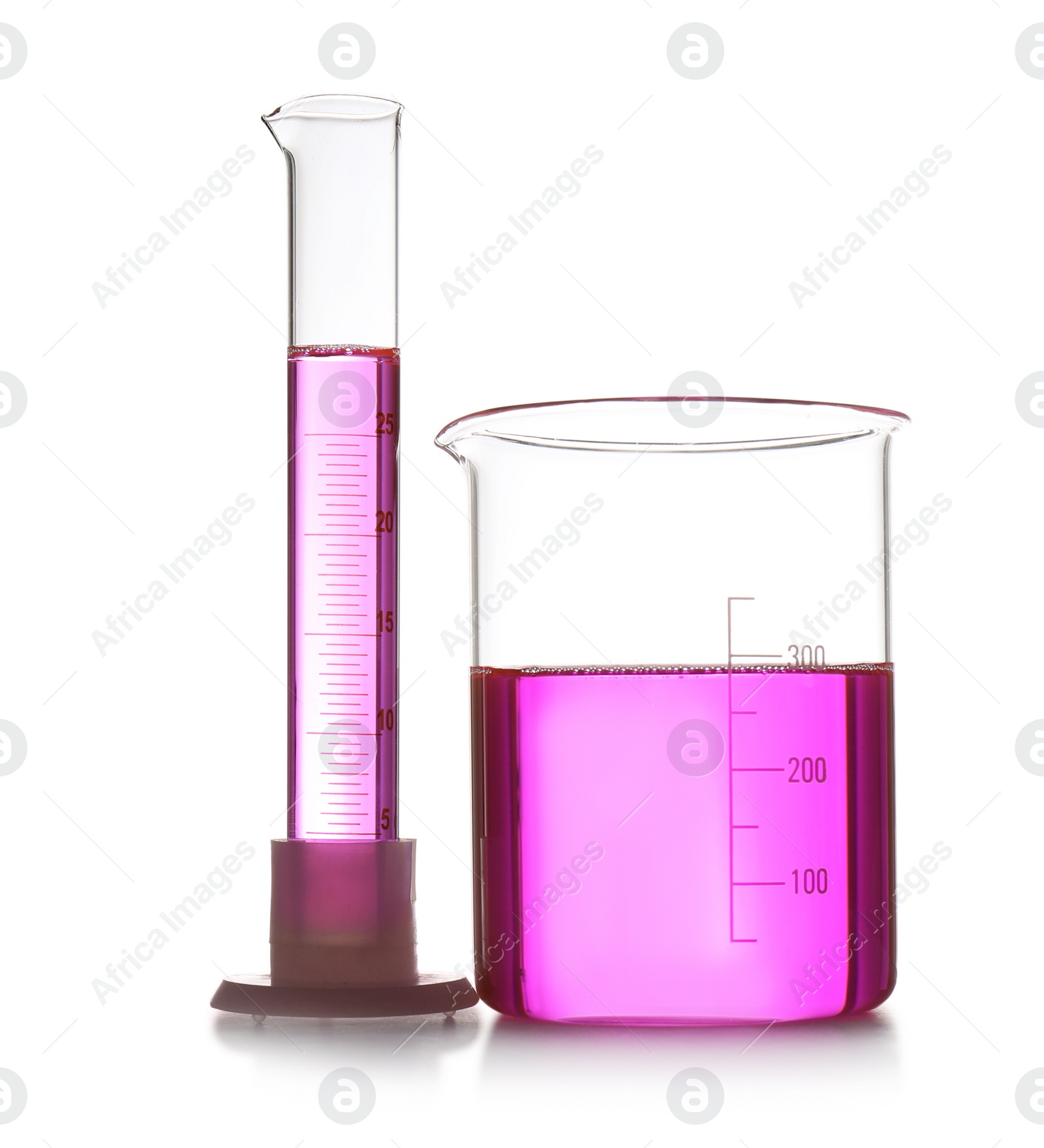 Photo of Chemistry laboratory glassware with samples isolated on white