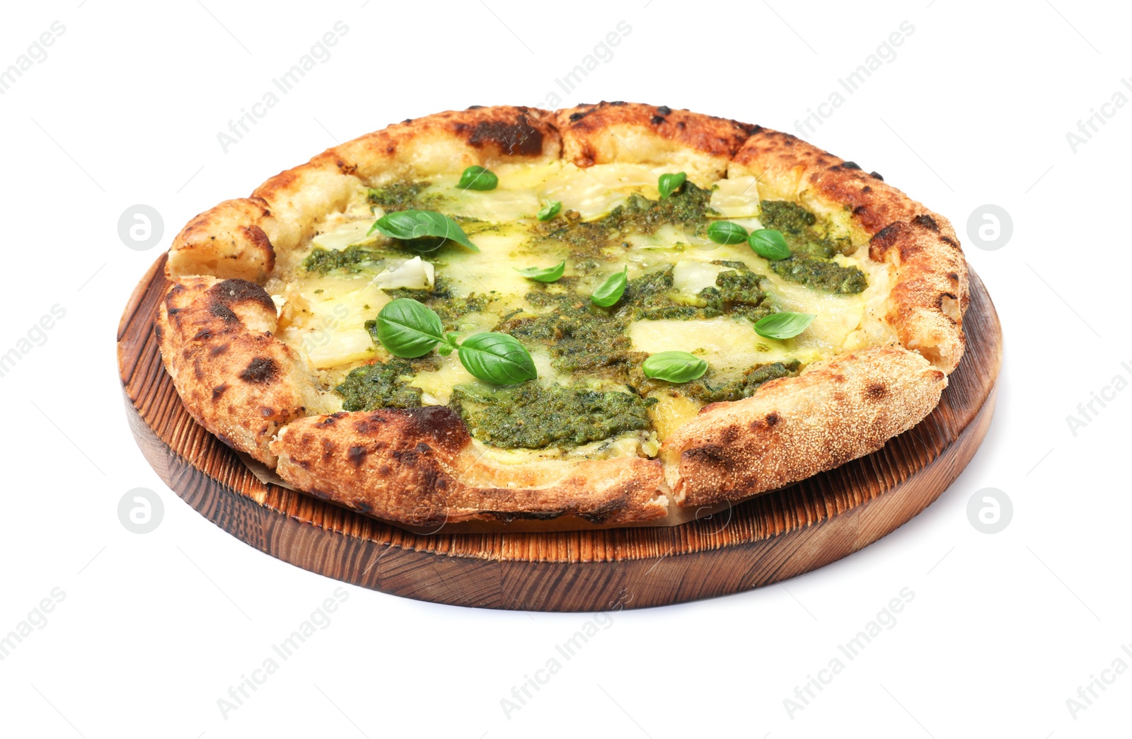 Photo of Delicious pizza with pesto, cheese and basil on white background