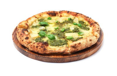 Delicious pizza with pesto, cheese and basil on white background