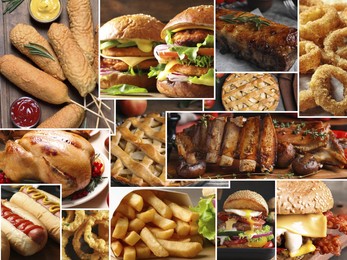 Image of Different tasty American dishes. Collage with burgers, hot dogs, roasted ribs, apple pie and others