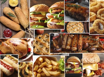 Different tasty American dishes. Collage with burgers, hot dogs, roasted ribs, apple pie and others