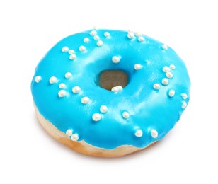 Photo of Sweet delicious glazed donut on white background