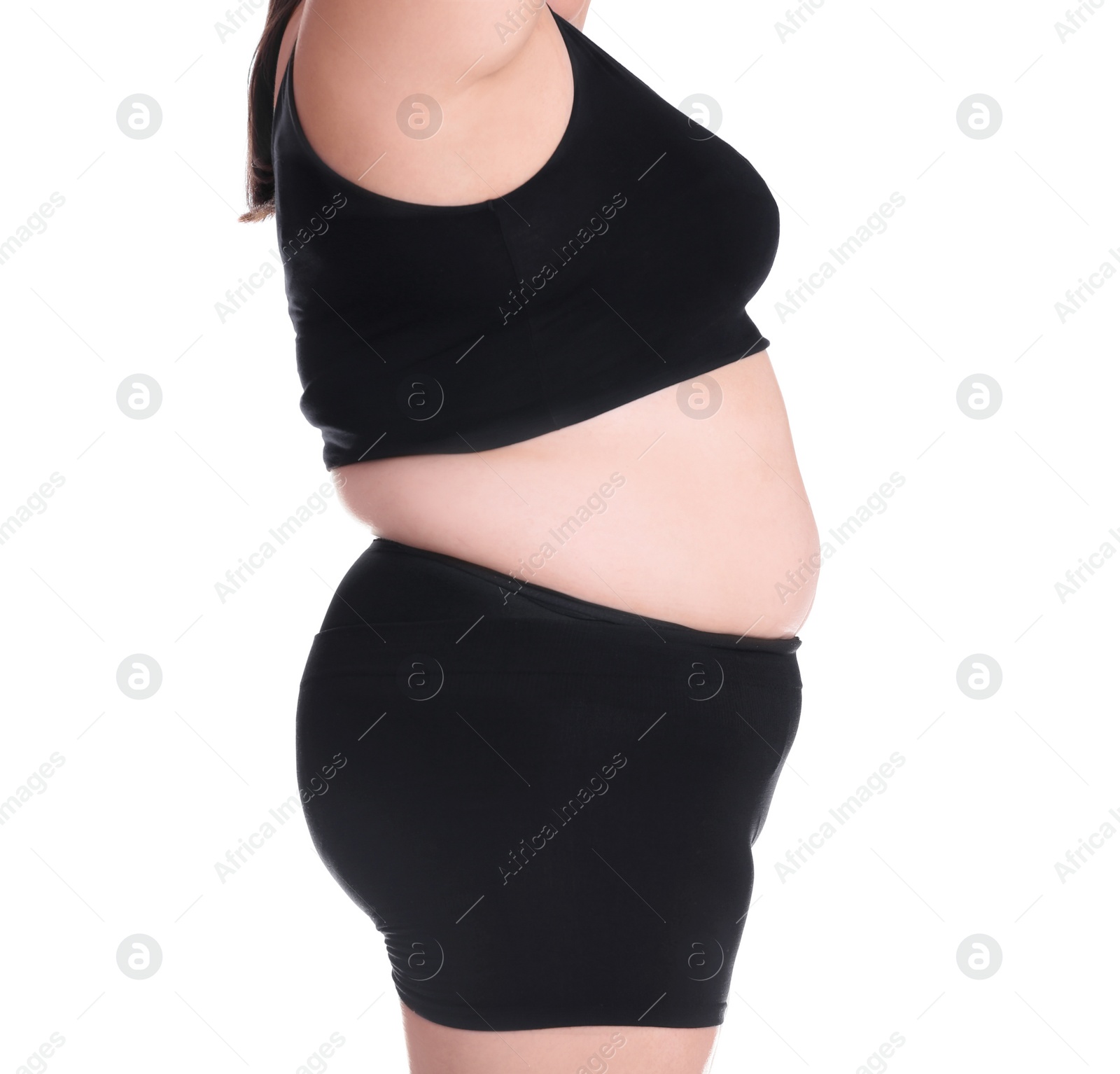 Photo of Overweight woman before weight loss on white background