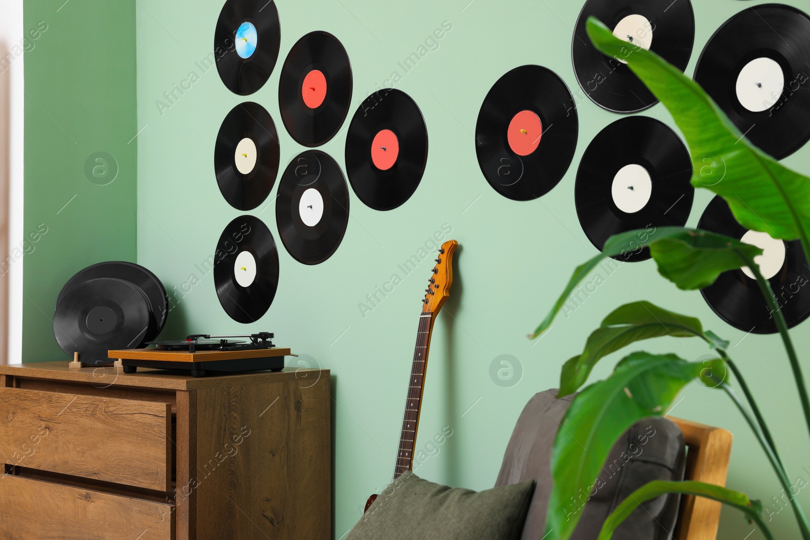 Photo of Living room interior decorated with vinyl records