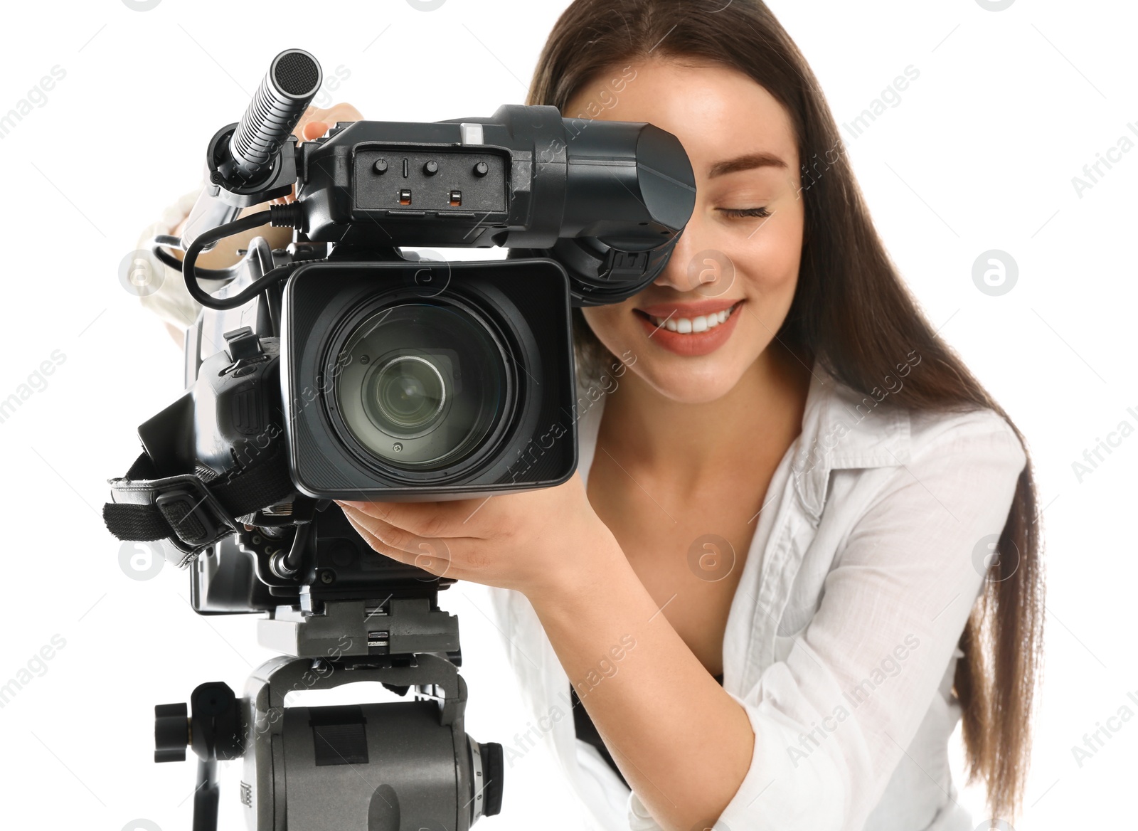 Photo of Operator with professional video camera on white background