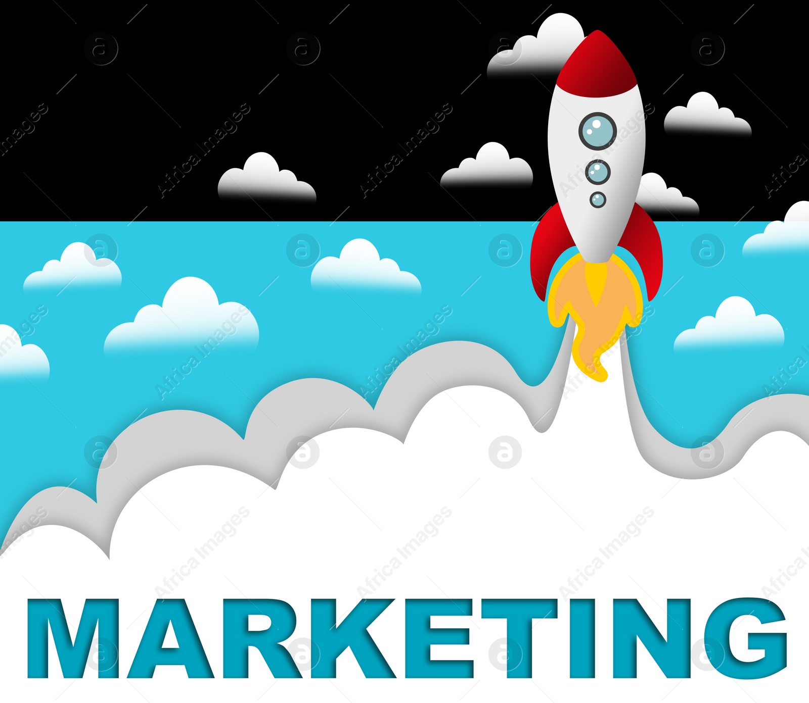 Illustration of Digital marketing strategy.  rocket and clouds on color background