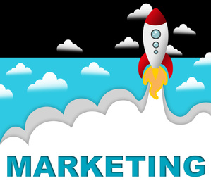 Digital marketing strategy. Illustration of rocket and clouds on color background