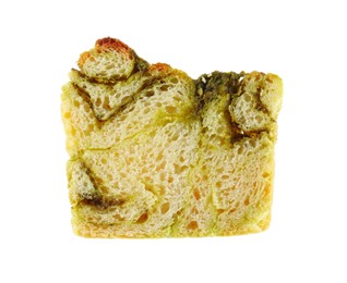 Photo of Slice of freshly baked pesto bread isolated on white, top view