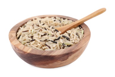 Raw unpolished rice in wooden bowl isolated on white