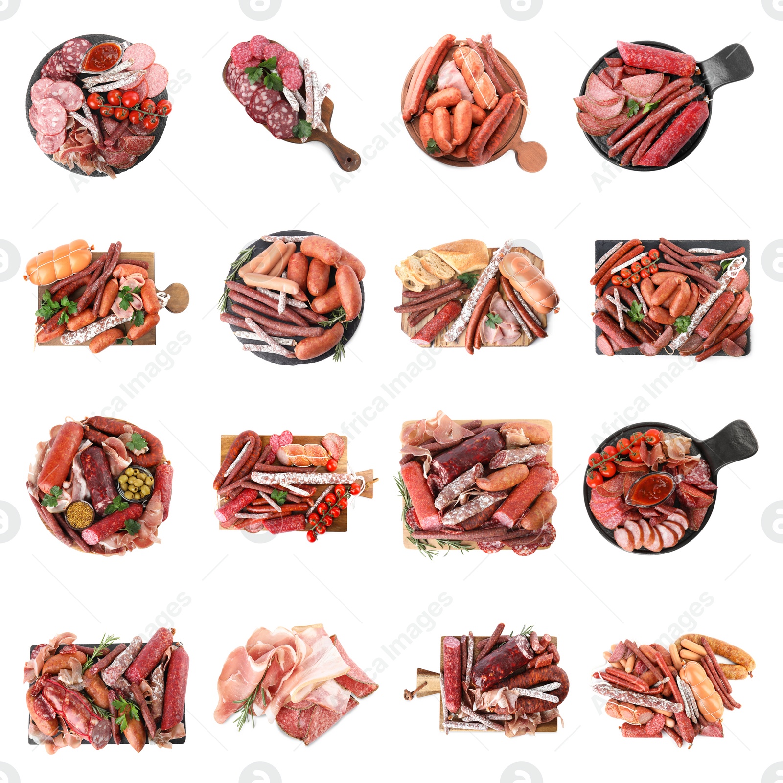 Image of Set with different tasty sausages on white background, top view