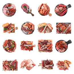 Set with different tasty sausages on white background, top view