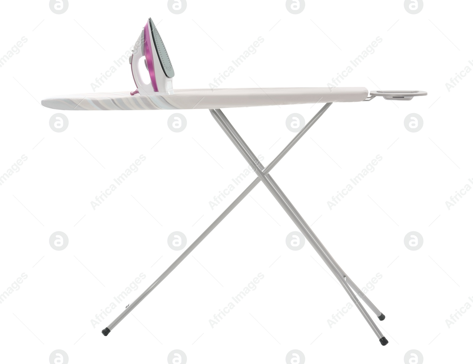 Photo of Board with modern iron on white background. Laundry day