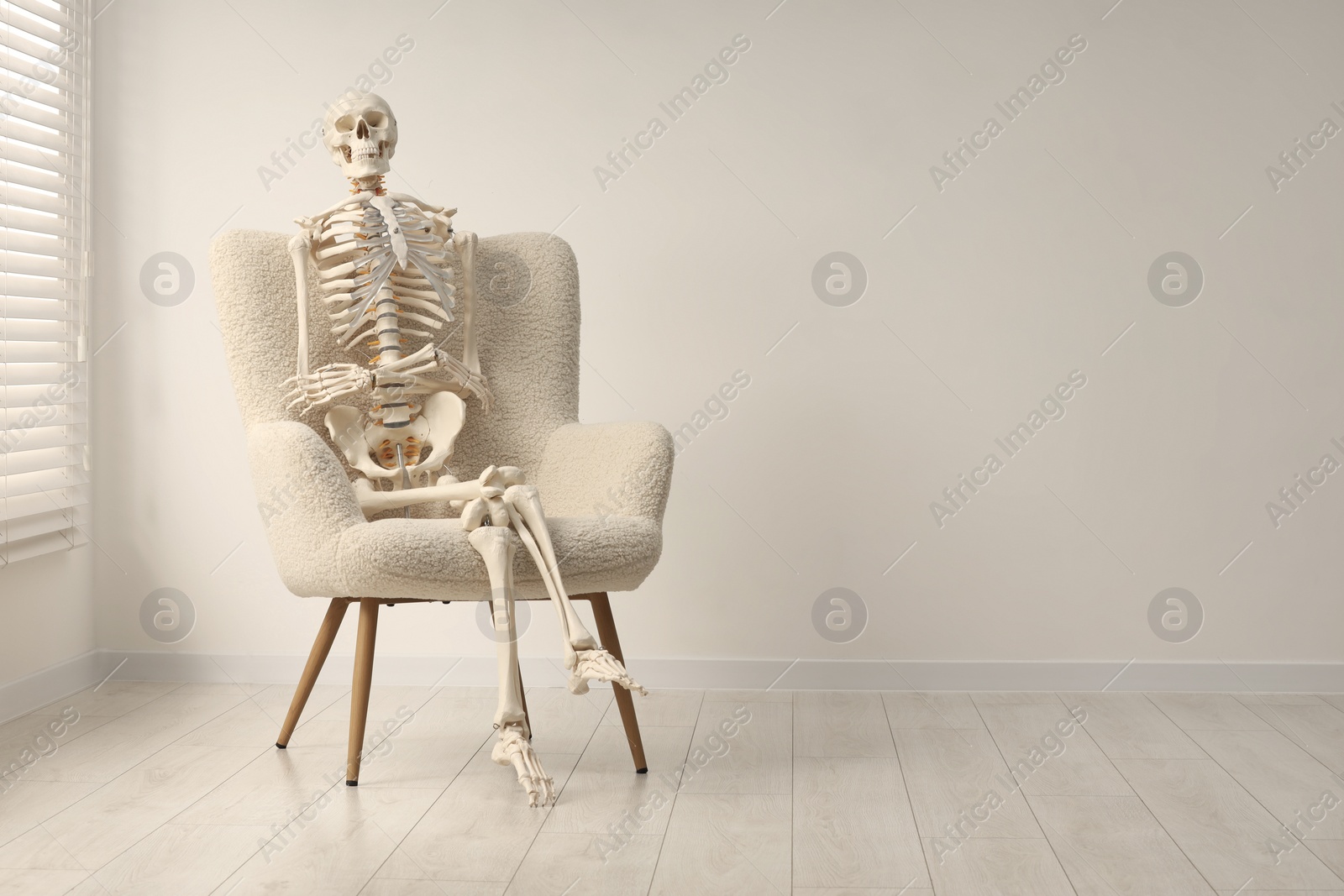 Photo of Waiting concept. Human skeleton sitting in armchair indoors, space for text