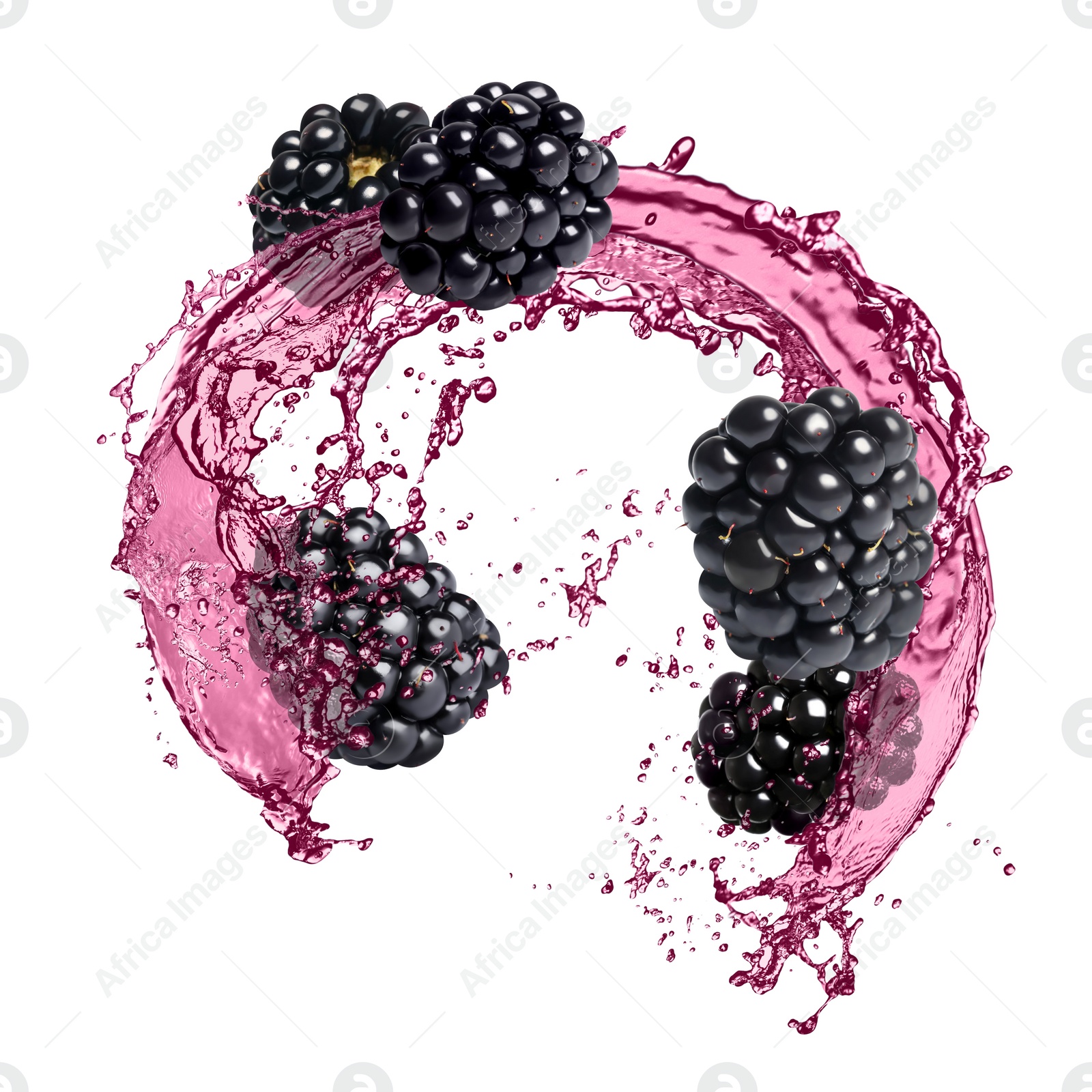 Image of Fresh blackberries and juice in air on white background