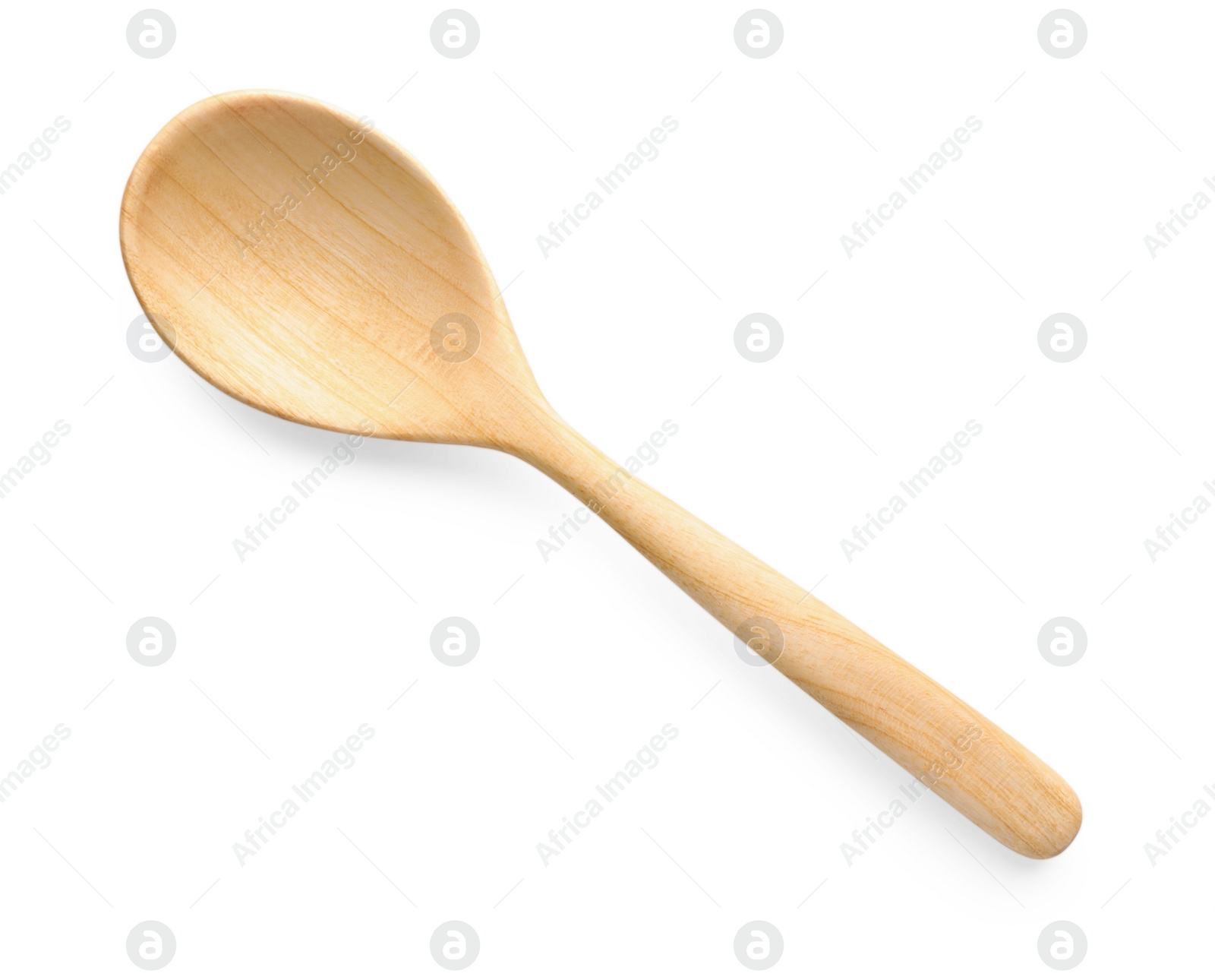 Photo of One empty wooden spoon isolated on white, top view