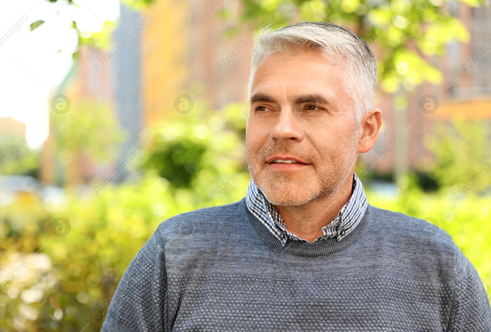 Photo of Portrait of handsome mature man in park. Space for text