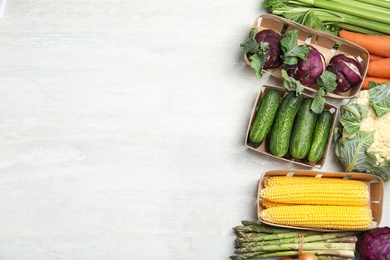 Photo of Flat lay composition with fresh vegetables and space for text on light background