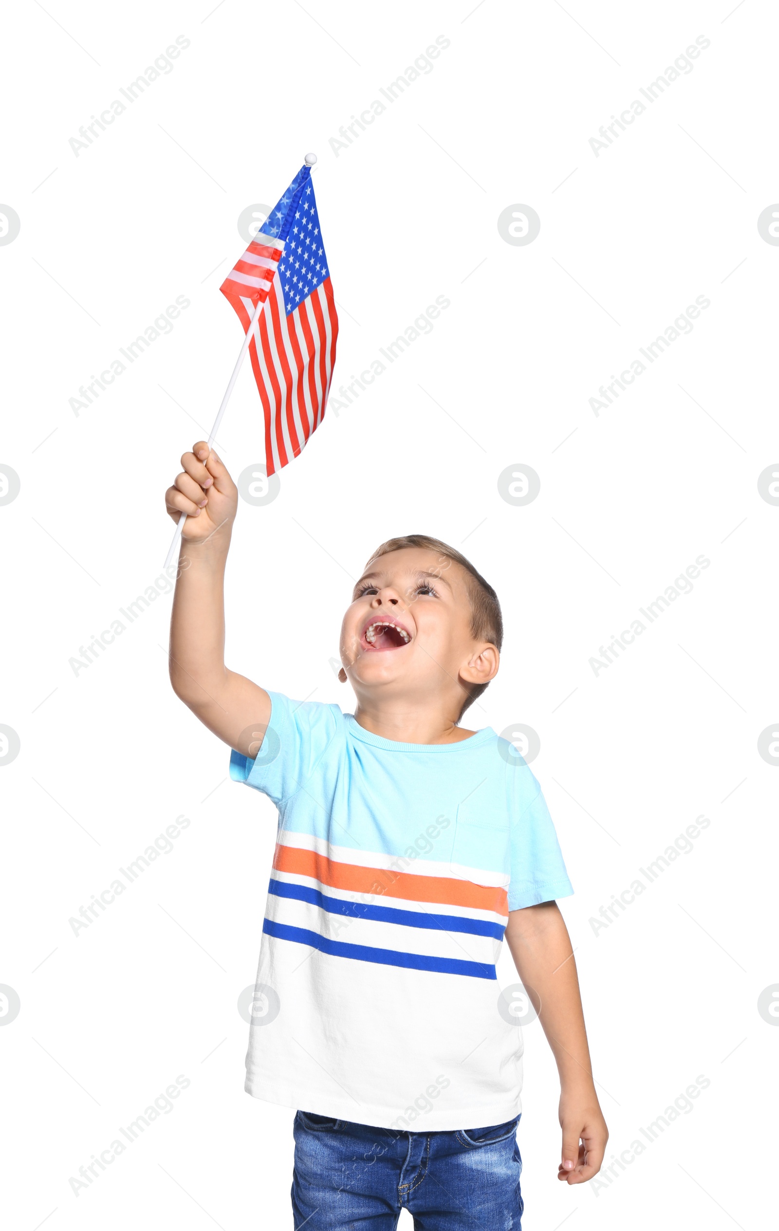 Photo of Little boy with American flag on white background