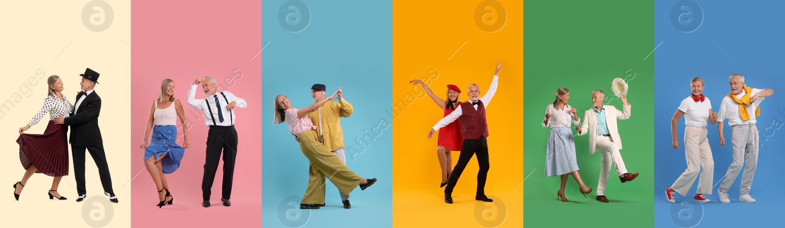 Image of Romantic date. Lovely couple dancing on color backgrounds, set of photos