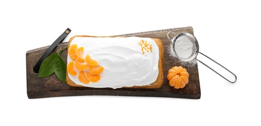 Photo of Delicious homemade yogurt cake with tangerines and cream on white background, top view