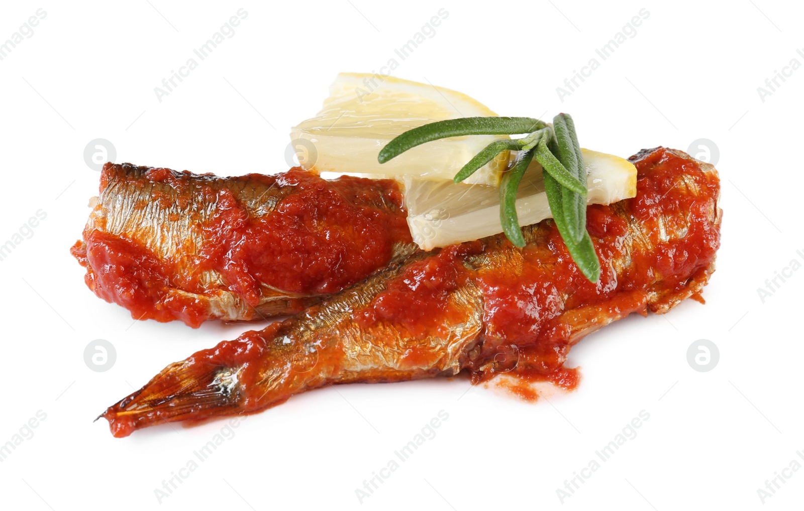 Photo of Tasty canned sprats with tomato sauce, lemon and rosemary isolated on white