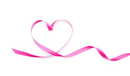 Photo of Heart made of pink ribbon on white background, top view