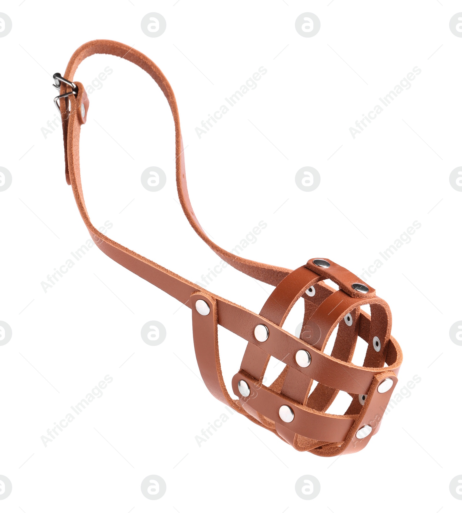 Photo of Brown leather dog muzzle isolated on white