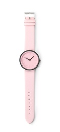 Photo of Stylish wrist watch on white background. Fashion accessory