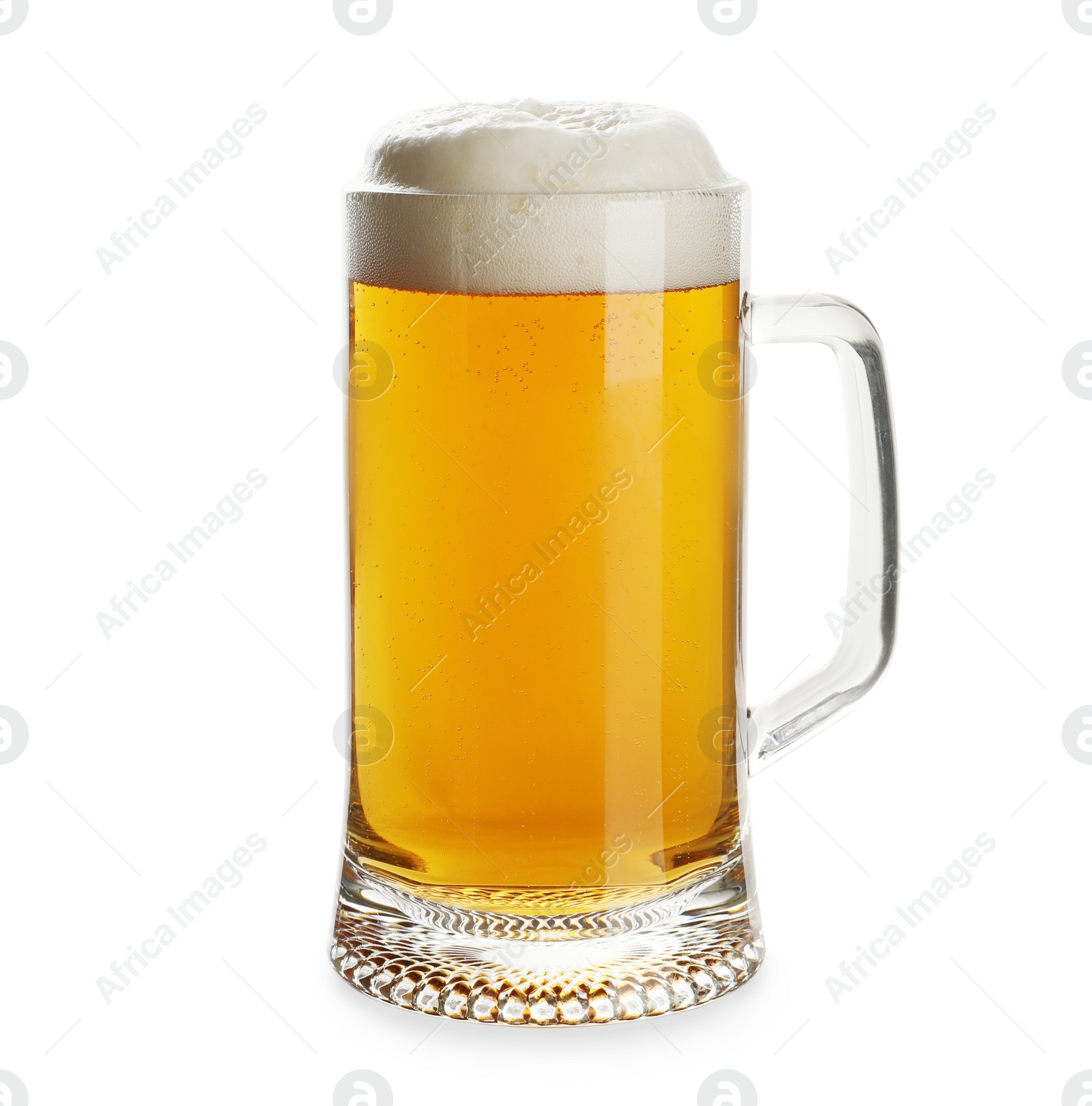 Photo of Glass mug of tasty light beer on white background